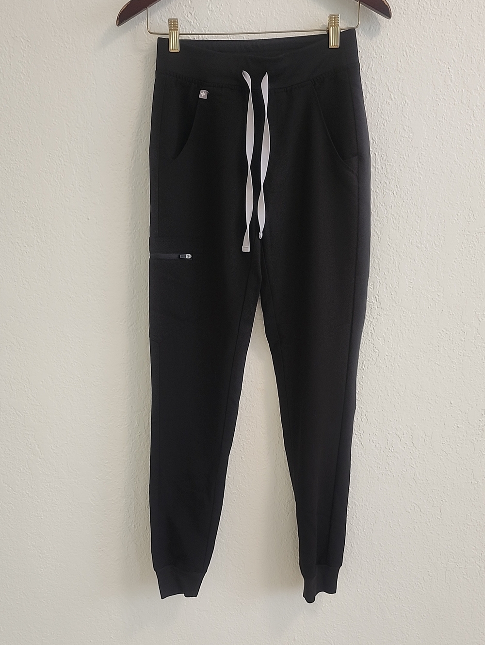 Figs Black Track Joggers Scrub with White Drawstring